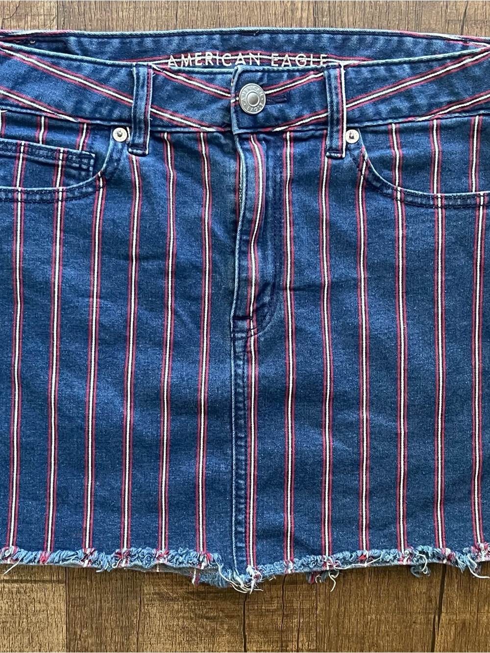 American Eagle Outfitters Blue Denim Mini Skirt with Red & White Stripes